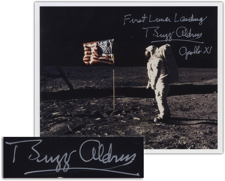 Buzz Aldrin Signed 10'' x 8'' ''First Lunar Landing'' Photo -- Aldrin Stands in Front of the U.S. Flag on the Moon